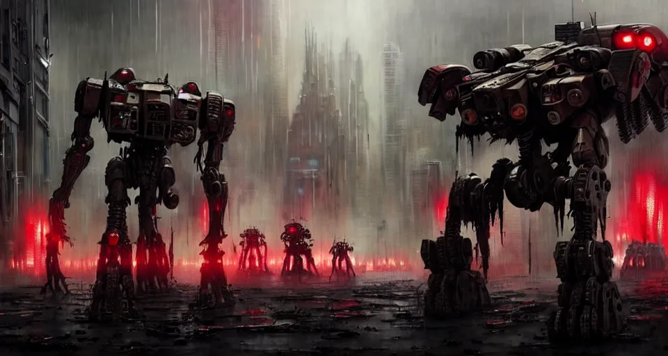 Image similar to bloody - zombie - flesh - battlemech, in a cyberpunk gothic city hyper realistic sci - fi matte concept art painting of dramatic cinematic scene, guns, missiles, explosions, beautiful details, strong composition painted by kim jung guweta studio rutkowski, james gurney and greg rutkowski, and lucasfilm, smooth, intricate, detailed, sharp focus, cinematic