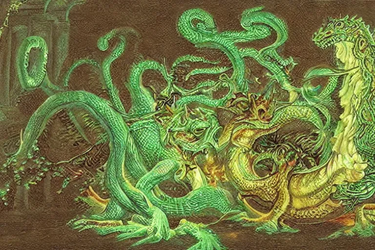 Image similar to a fearsome mythological basilisk made of glowing green matrix code, masterpiece rococo painting