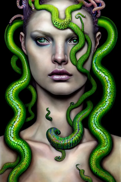 Image similar to hyperrealistic mixed media painting of beautiful Medusa, green scaley serpents in her hair, pale skin, serious evil expression, full body, stunning 3d render inspired art by P. Craig Russell and Barry Windsor-Smith + perfect facial symmetry + dim volumetric lighting, 8k octane beautifully detailed render, post-processing, extremely hyperdetailed, intricate, epic composition, grim yet sparkling atmosphere, cinematic lighting + masterpiece, trending on artstation, very very detailed, masterpiece, stunning