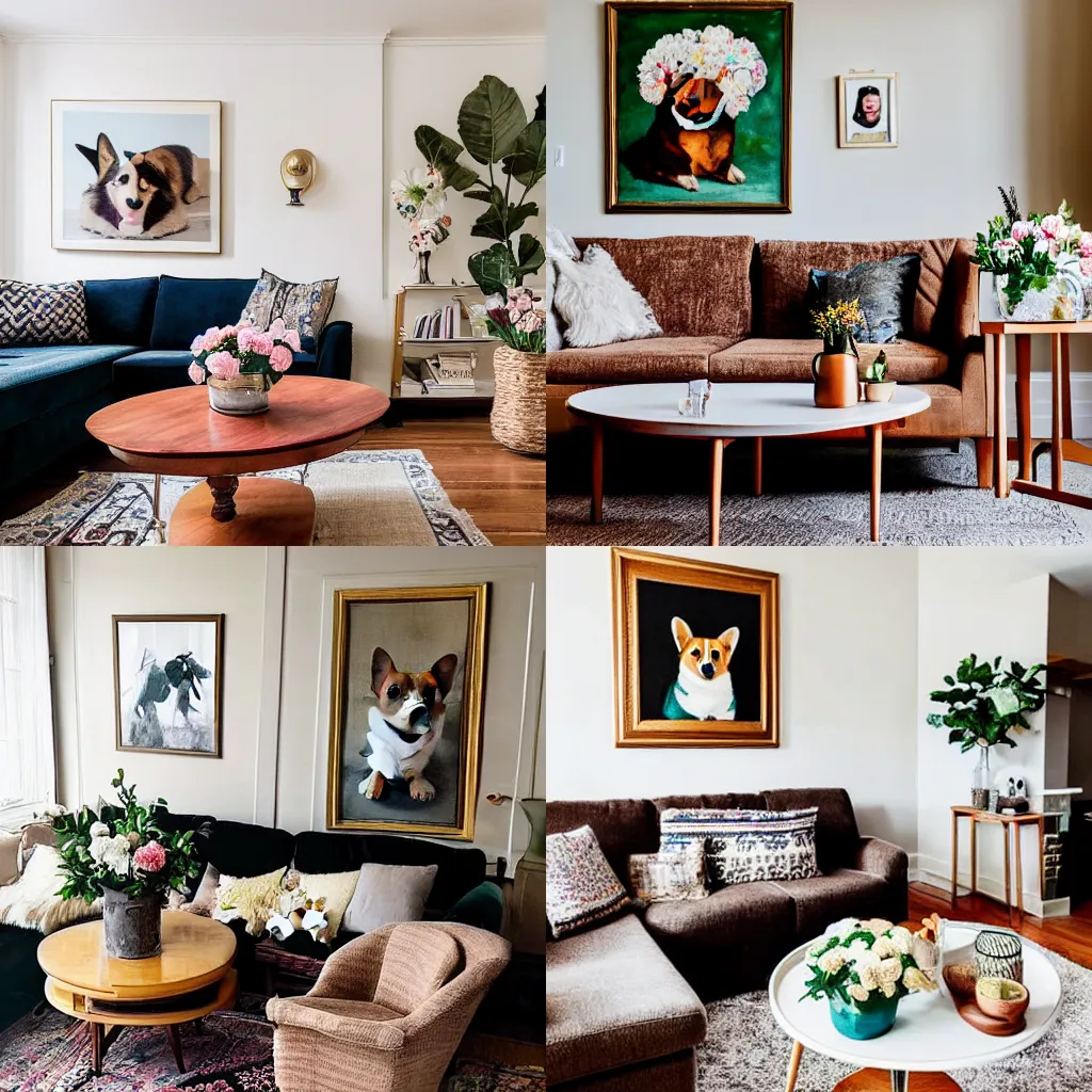 Prompt: A cozy living room with a painting of a corgi on the wall above a couch and a round coffee table in front of a couch and a vase of flowers on a coffee table.