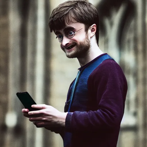 Prompt: photograph of daniel radcliffe as harry potter holding an iphone, canon mark ii, f / 1. 2, 8 k