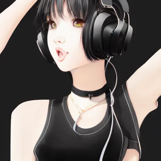 Prompt: realistic detailed semirealism beautiful gorgeous natural cute excited happy Blackpink Lalisa Manoban black hair black cat ears, wearing white camisole outfit, headphones, black leather choker artwork drawn full HD 4K high resolution quality artstyle professional artists WLOP, Aztodio, Taejune Kim, Guweiz, Pixiv, Instagram, Artstation