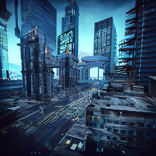 Image similar to “ salt lake city cityscape, biomechanical, environmental concept art, rendered in 3 d, unreal engine, cyberpunk ”