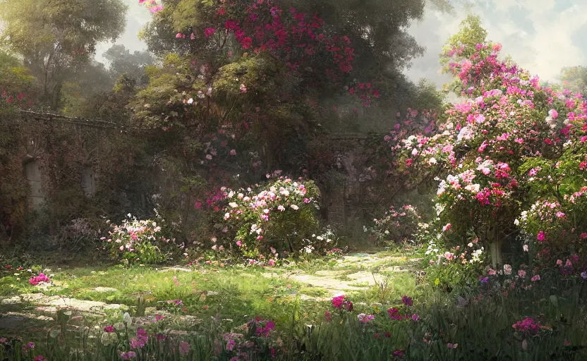 Image similar to a beautiful painting of a rose garden, Greg Rutkowski, digital art