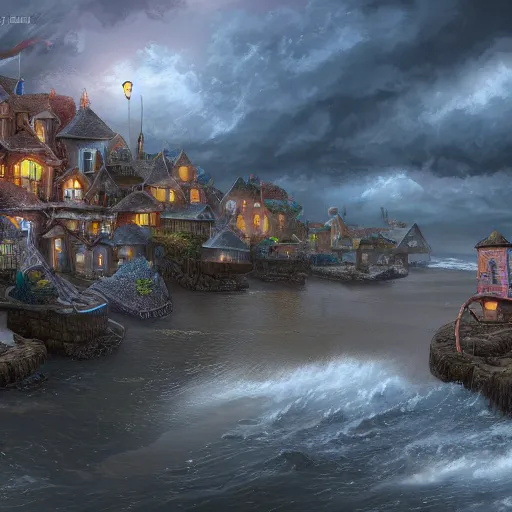 Prompt: a seaside village, detailed, fantasy style, stormy day, trending on artstation