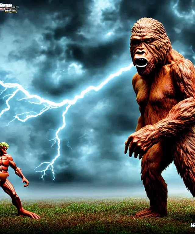 Image similar to hyperrealistic rendering, epic boss battle, bigfoot sasquatch, by art of skinner and richard corben, product photography, collectible action figure, sofubi, hottoys, storm clouds, outside, lightning