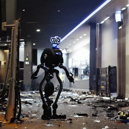 Image similar to Robotic security guard being dismantled by rioters