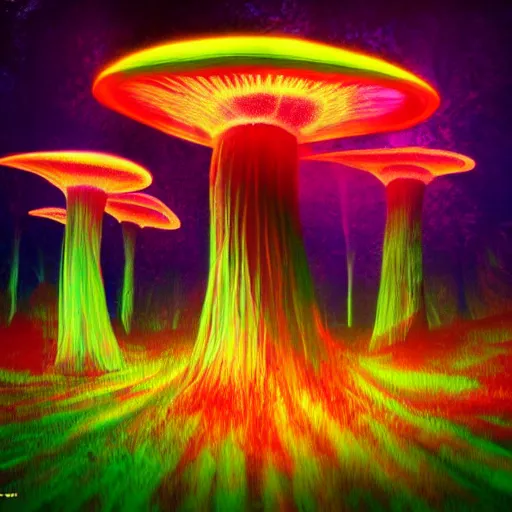 Image similar to Vast forest of many giant glowing mushrooms, Neon colors, psychedelic art, trippy, 4k, HQ, Trending on Artstation