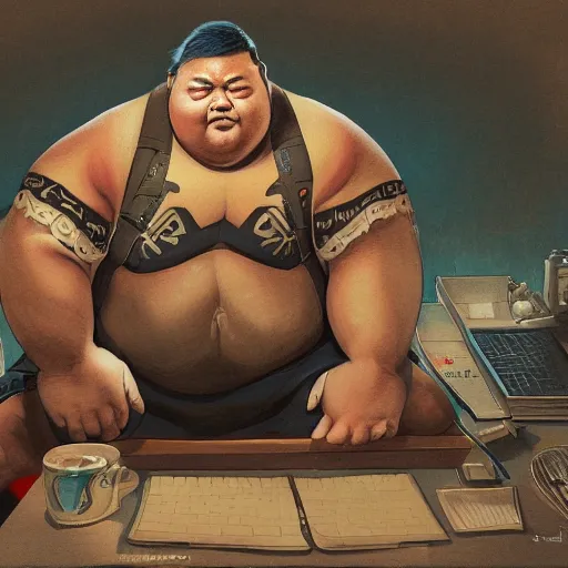 Image similar to an insanely detailed painting of a chubby asian man wearing a homemade superhero costumed, sitting at a computer desk typing on the keyboard, in the style of peter mohrbacher, dramatic lighting and composition, trending on artstation, concept art, comic book, graphic novel