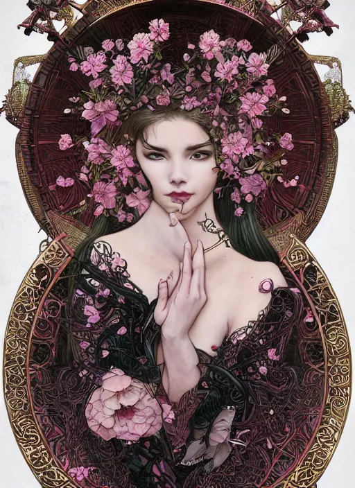 Image similar to a photographic portrait of a anthropomorphic cherry - blossom goddess spirit, fantasy, tarot esoteric, intricate, elegant, highly detailed, digital painting, artstation, concept art, smooth, sharp focus, illustration, art by artgerm and h r giger and alphonse mucha