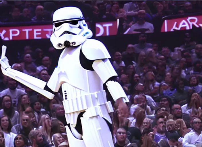 Image similar to ESPN still of Storm trooper playing in the nba playoffs live on espn, 4k