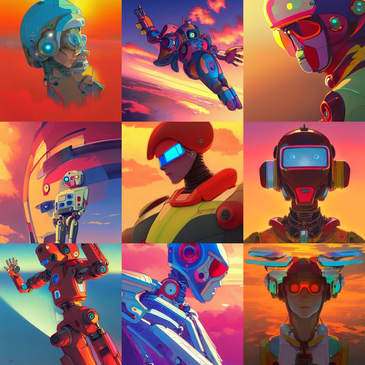 Prompt: portrait of a colourful robot taking flight into a vivid sunset, facial focus, colored pencil, highly detailed, studio ghibli key visual, in the style of ilya kuvshinov and krenz cushart and alphonse mucha