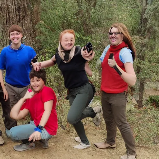 Image similar to 4 adventurers taking group photo