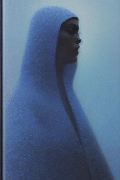 Prompt: a portrait of the sapphire herald in an elegant winter sweater, by zdzislaw beksinski, by dariusz zawadzki, artbook, tone mapped, deep blues, shiny, soft lighting