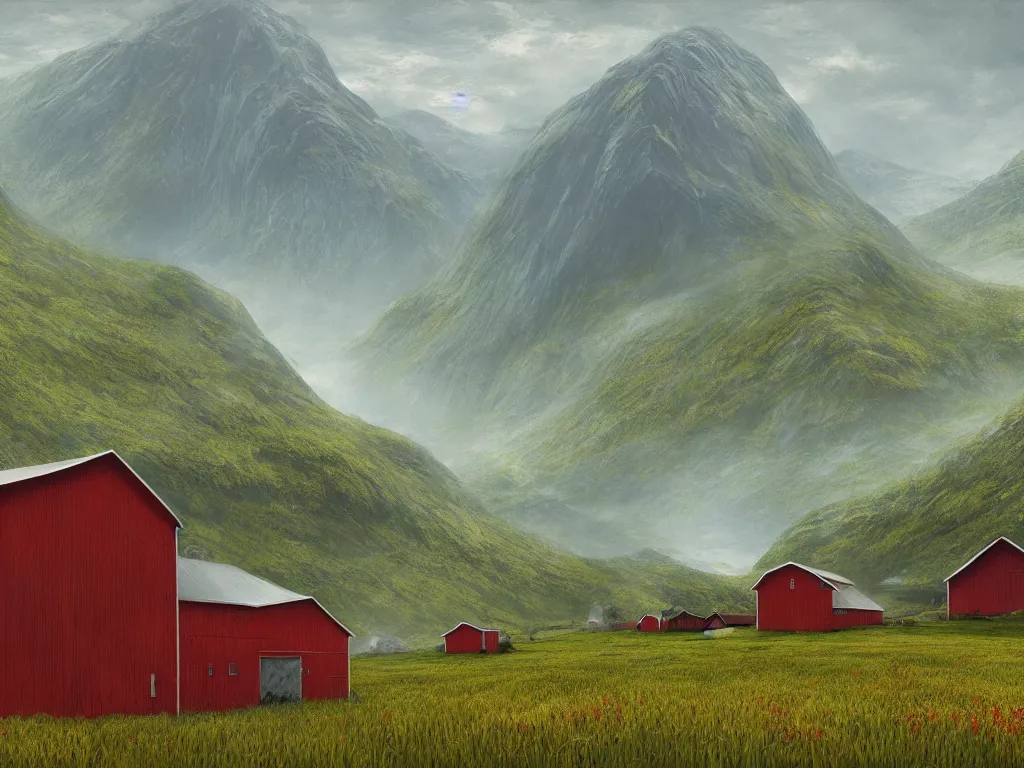 Image similar to Intricate detailed lush fjord with a single isolated red barn with a flat roof next to a wheat crop at noon. Wide angle shot, art by Eddie Mendoza