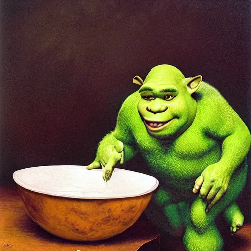 Image similar to a portrait of shrek who is half cat drinking from bowl of milk, hyper realistic, oil painting, da vinci, 8 k, green, whiskers, epic,