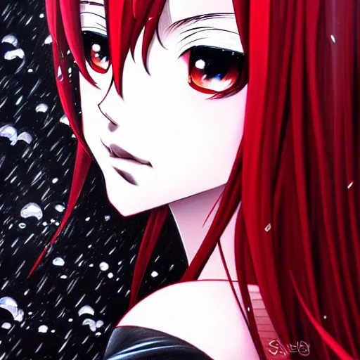 Image similar to beautiful seductive female goddess, in the rain, highly detailed, painting, dark red and black color palette, intricate, high quality anime artstyle, in the style of sana takeda