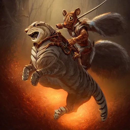 Image similar to Squirrel knight riding tiger, magic the gathering artwork, horror, D&D, fantasy, cinematic lighting, centered, symmetrical, highly detailed, digital painting, artstation, concept art, smooth, sharp focus, illustration, volumetric lighting, epic Composition, 8k, art by Akihiko Yoshida and Greg Rutkowski and Craig Mullins, oil painting, cgsociety