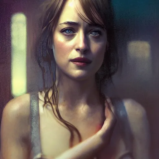 Image similar to dakota johnson, hyperrealistic portrait, bladerunner street, art of elysium by jeremy mann and alphonse mucha, fantasy art, photo realistic, dynamic lighting, artstation, poster, volumetric lighting, very detailed face, 4 k, award winning