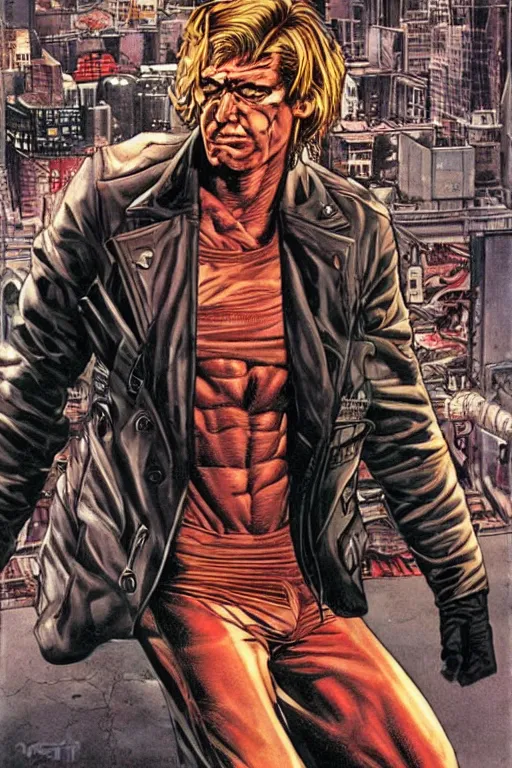 Prompt: ultra violent comic book cover of a contract killer named cobalt. he wear a brown leather jacket and a white shirt. he has a prominent scar up the side of his face. art by glenn fabry.