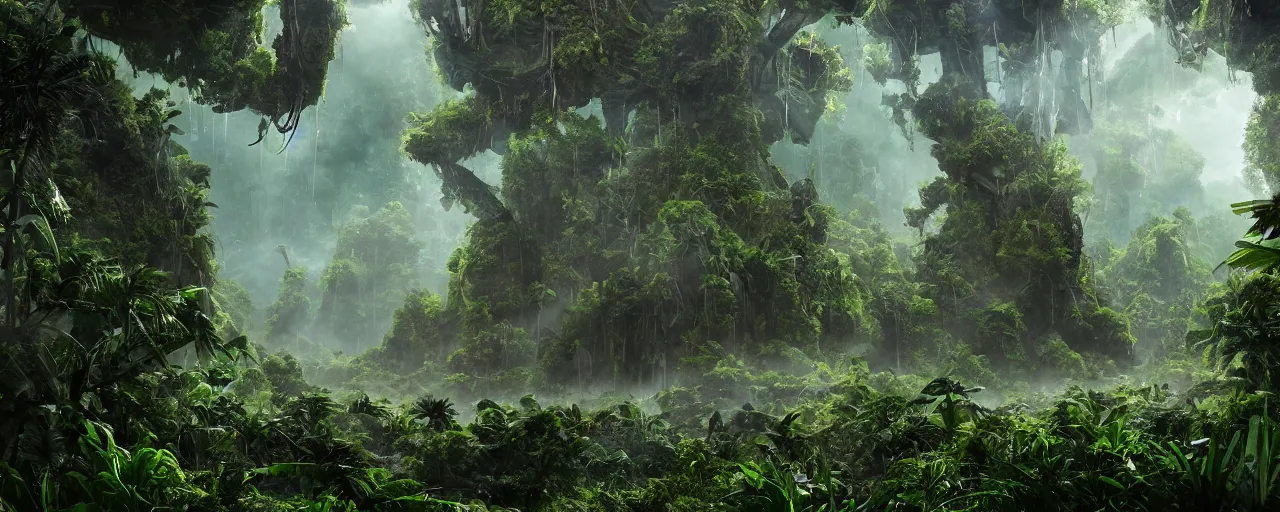 Prompt: an alien civilization living in the amazon jungle, matte painting, cinematic lighting, wide angle, trending on artstation, style by dylan cole