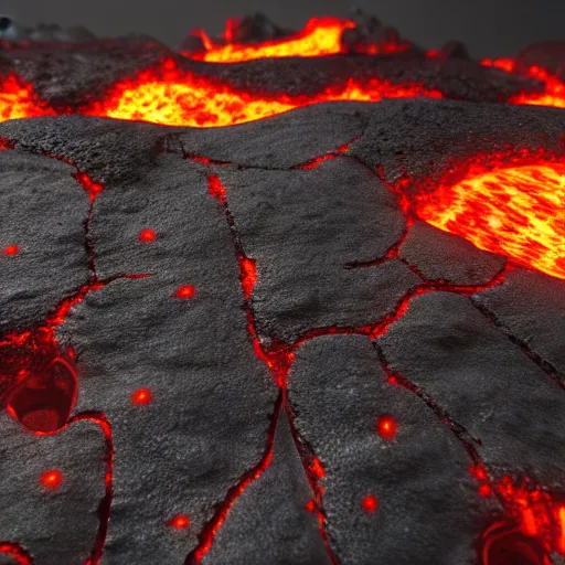 Prompt: close up of the crusty surface of lava, with the lava glowing from underneath, 8k, octane render, ultra realistic, trending on artstation,