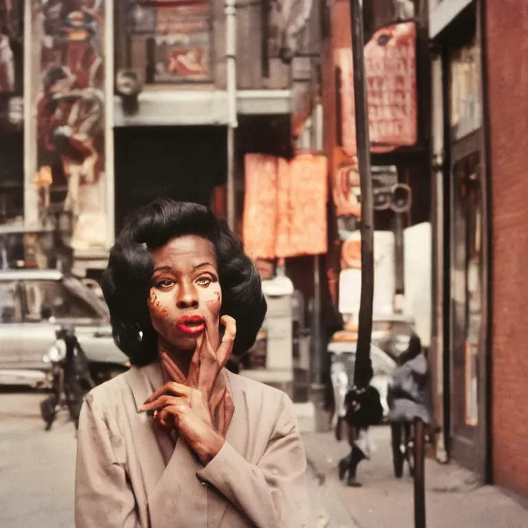 Prompt: analog medium format film high contrast portrait of woman in harlem, 1 9 6 0 s hasselblad film street photography, out of focus portrait of woman featured on unsplash, photographed on vintage expired colour film