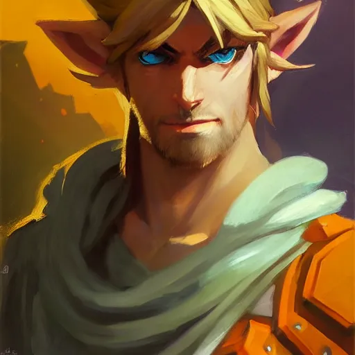 Image similar to greg manchess handsome portrait painting of link in the legend of zelda as overwatch character, medium shot, asymmetrical, profile picture, organic painting, sunny day, matte painting, bold shapes, hard edges, street art, trending on artstation, by huang guangjian and gil elvgren and sachin teng