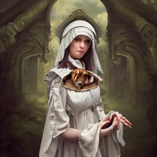 Image similar to A masterpiece portrait of a Incredibly beautiful maid baroque renaissance swamp nun girl with greyhound medium shot, intricate, elegant, highly detailed. trending on artstation, digital art, by Stanley Artgerm Lau, WLOP, Rossdraws, James Jean, Andrei Riabovitchev, Marc Simonetti, Yoshitaka Amano. background by James Jean and Gustav Klimt, light by Julie Bell, 4k, porcelain skin.