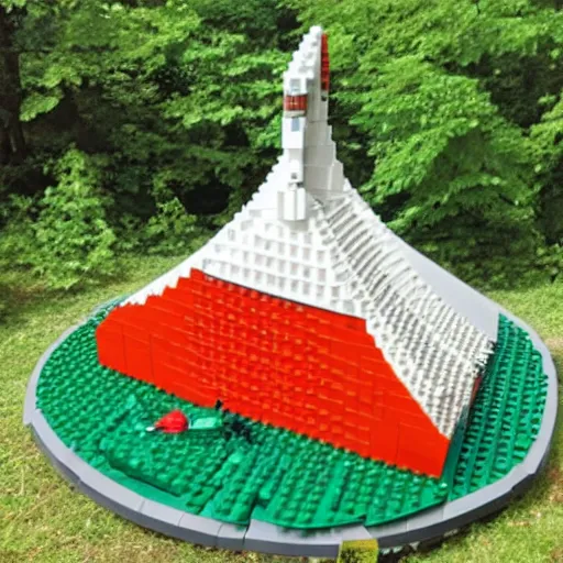 Prompt: lego sculpture of a tent and a huge salmon, thoughtful, elegant, real