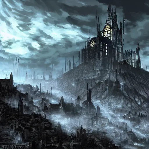 Prompt: reimagine Irithyll of the Boreal Valley in the style of of attack on titan
