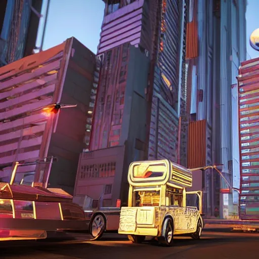 Image similar to medium shot of a a small edible gummi worm candy with cybernetics for sale from a food truck. the food truck is hovering high next to a tall building. the candy is displayed with dramatic product lighting, pearlescent. a scene from fifth element ( 1 9 9 7 ), unreal engine 5, octane 3 d, render, ( cyberpunk )