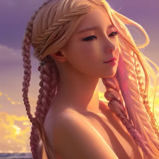 Prompt: a very beautiful anime waifu, full body, long braided curly blonde hair, twisted braids, golden watery eyes, full round face, short smile, pale pink bikini, serene beach setting, cinematic lightning, medium shot, mid-shot, highly detailed, trending on artstation, Unreal Engine 4k, cinematic wallpaper by Stanley Artgerm Lau, WLOP, Rossdraws, James Jean, Andrei Riabovitchev, Marc Simonetti, and Sakimichan