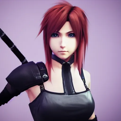 Image similar to 3D render, Cloud Strife wearing Tifa Lockheart’s outfit in the style of Final Fantasy VII Advent Children