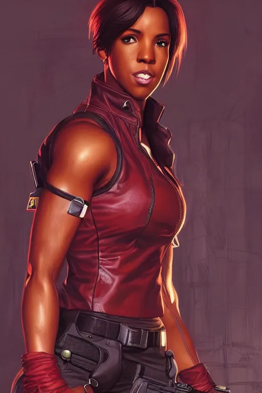 Image similar to kelly rowland as claire redfield ( resident evil ), portrait, highly detailed, digital painting, artstation, concept art, smooth, sharp focus, illustration, cinematic lighting, art by artgerm and greg rutkowski and alphonse mucha