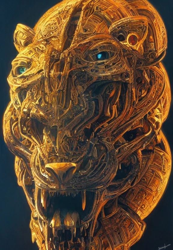 Prompt: perfectly centered portrait, front view of a beautiful biomechanical android lion robot skull, intense stare, symmetrical, concept art, intricate detail, volumetric shadows and lighting, realistic oil painting by tim hildebrandt,