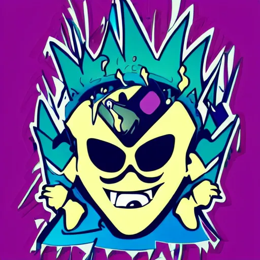 Image similar to svg vector sticker of absolutely insane-mad-scientist-villain, rocking out, wearing headphones, huge speakers, dancing, rave, DJ, spinning records, digital art, amazing composition, rule-of-thirds, award-winning, trending on artstation, featured on deviantart