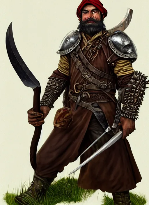 Image similar to strong young man, photorealistic bugbear ranger holding a flaming sword, black beard, dungeons and dragons, pathfinder, roleplaying game art, hunters gear, jeweled ornate leather and steel armour, concept art, character design on white background, by alan lee, norman rockwell, makoto shinkai, kim jung giu, poster art, colours red and green