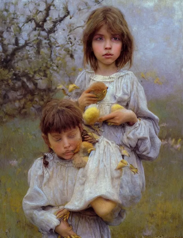 Prompt: portrait of little peasant girl holding chick in her hands, cottage core, cinematic focus, polaroid photo bleached vintage pastel colors high - key lighting, soft lights, foggy, by steve hanks, by lisa yuskavage, by serov valentin, by tarkovsky, 8 detailed, oil on canvas