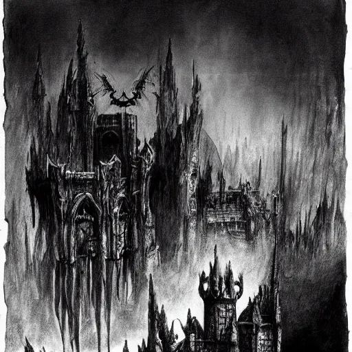 Image similar to Black and white drawing of Castlevania, Stephen Gammell style, evil, high detail, Scary Stories