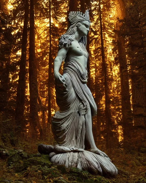 Prompt: Ancient statue of wise mushroom goddess wearing pagan clothes and leaves lost in the heart of the pristine cedar forest | dramatic light | cinematic lighting | sunshafts, volumetric lighting | golden hour | style of donato giancola