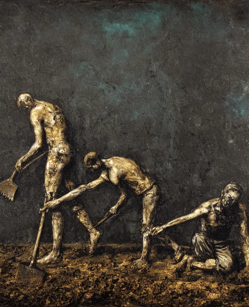 Image similar to a man with a shovel standing digging up a grave with a dead body, by Nicola Samori, painting, 8k, high detail, subtle blue, orange, and dark green tones, high quality, high detail, dark colors, sinister atmosphere, dramatic lighting, cinematic, establishing shot, extremely high detail, photo realistic, cinematic lighting
