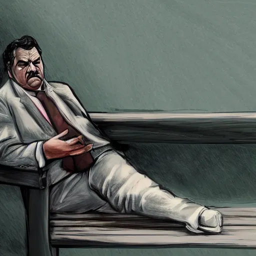 Image similar to pensive pablo escobar seating on a bench waiting, digital painting, artstation, concept art, sharp focus, illustration, portrait