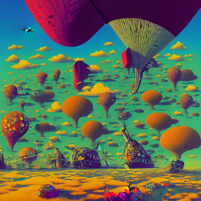 Image similar to surreal glimpse into other universe, zeppelin, island, summer morning, very coherent and colorful high contrast, art by! gediminas pranckevicius! geof darrow, volumetric lighting, cinematic, floralpunk screen printing woodblock, dark shadows, hard lighting, stipple brush