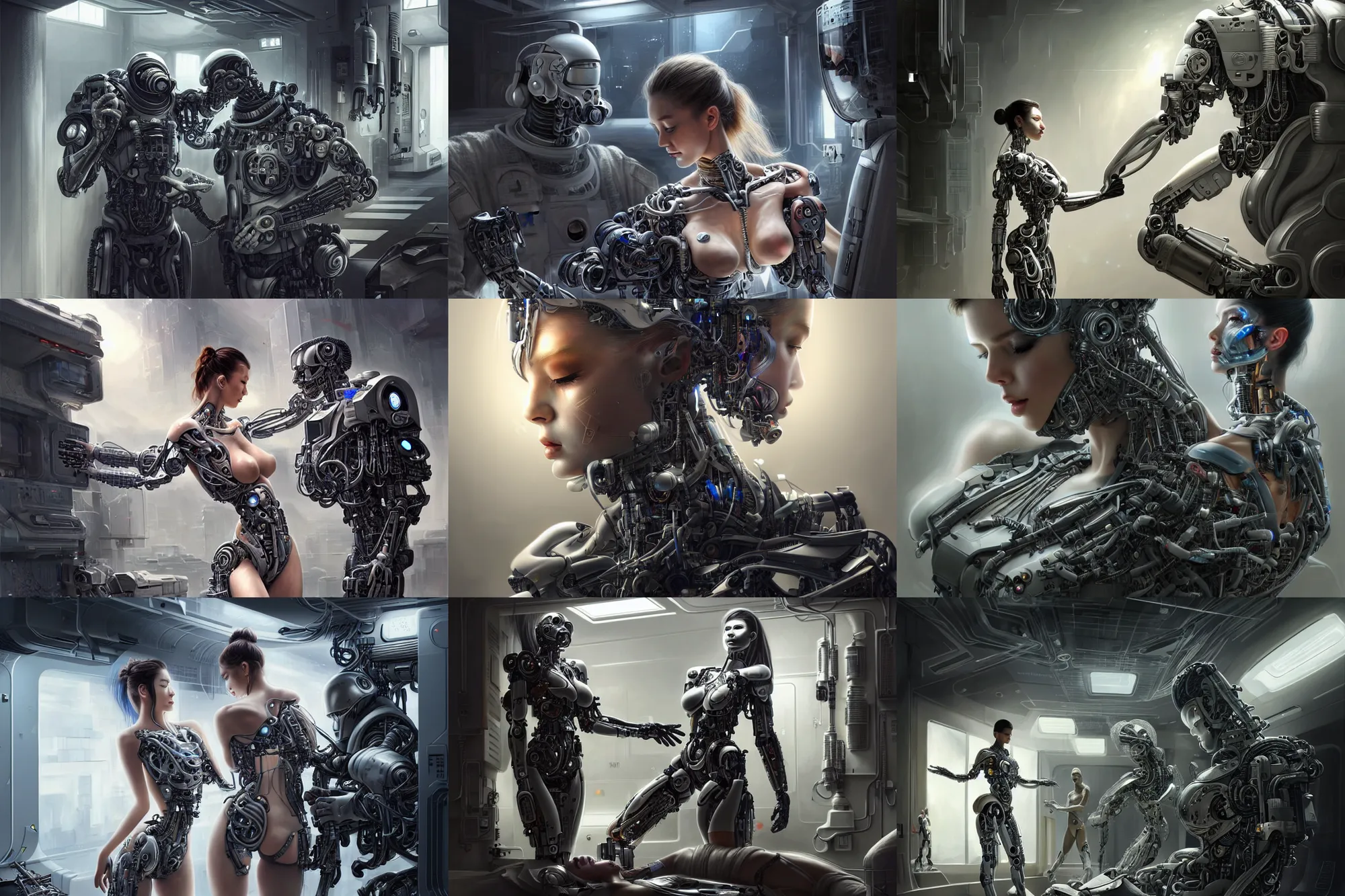 Prompt: Ultra realistic illustration, beautiful alluring damaged cyborg being put back together in an super advanced military medical bay, while a beautiful alluring astronaut soldier looks on, cyberpunk, sci-fi, fantasy, intricate, elegant, highly detailed, digital painting, artstation, concept art, smooth, sharp focus, illustration, art by Yintion J - Jiang Geping and artgerm