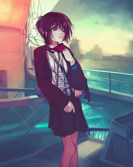 Prompt: a portrait of a teenage girl on a haunted ship, full shot, very anime, digital art, great line work and color, captures emotion and movement, fantastic lighting and shading, flawless composition, dynamic, detailed face, smooth shading