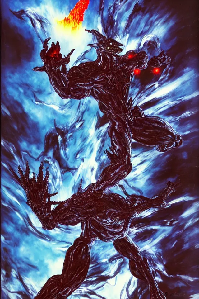 Prompt: The Dark Guyver Battles Kaiju On An Alien Planet With A Volcano Erupting In The Background,Full Figure,s Yasushi Nirasawa Cartoon Anime Style