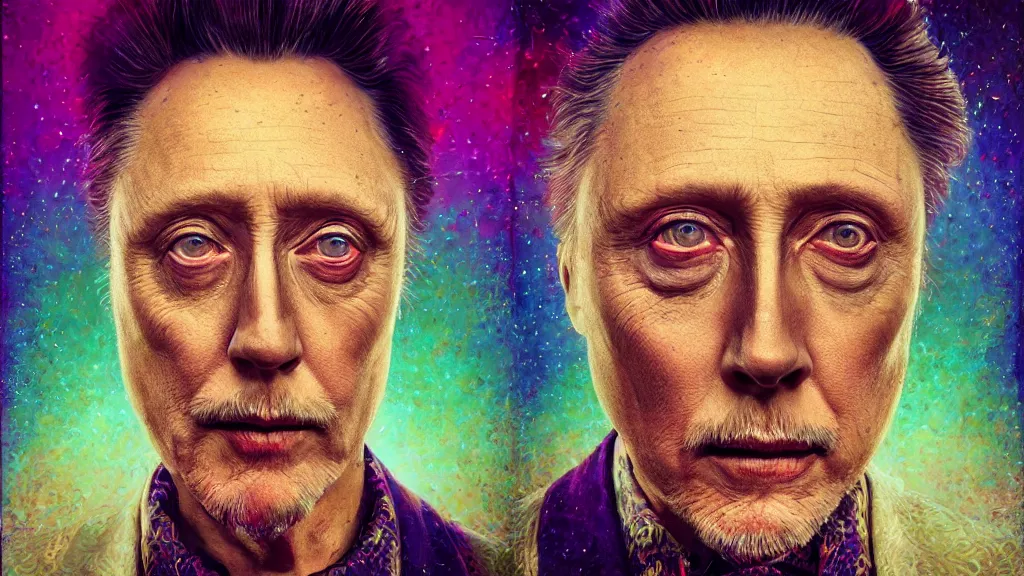 Prompt: Psychedelic character portrait of Christopher Walken, diamond, intricate complexity, rule of thirds, golden ratio, cinematic lighting, hyper detailed, 8k, high resolution, single face, symmetrical, headshot photograph, ultra detailed, beautiful, elegant, cinematic, in the style of Tom Bagshaw, Alexis Franklin, Elena Masci, Erwin Olaf