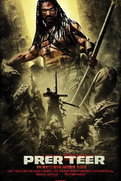 Image similar to movie poster for predator film shot in feudal japan staring hiroyuki sanada as a disgraced ronin, who hunts down the predator after he fails to protect his master from it