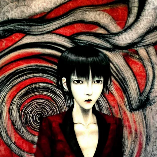 Image similar to yoshitaka amano blurred and dreamy realistic portrait of a woman with black eyes and white hair wearing dress suit with tie, junji ito abstract patterns in the background, satoshi kon anime, noisy film grain effect, highly detailed, renaissance oil painting, weird portrait angle, blurred lost edges, three quarter view